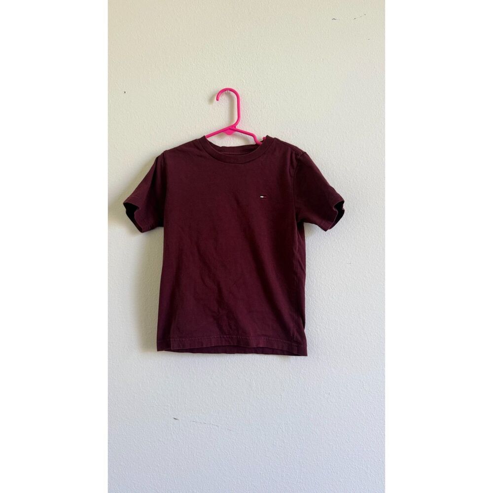 Tommy Hilfiger Boys Size 4 Burgundy T Shirt Embroidered Flag Logo Cotton